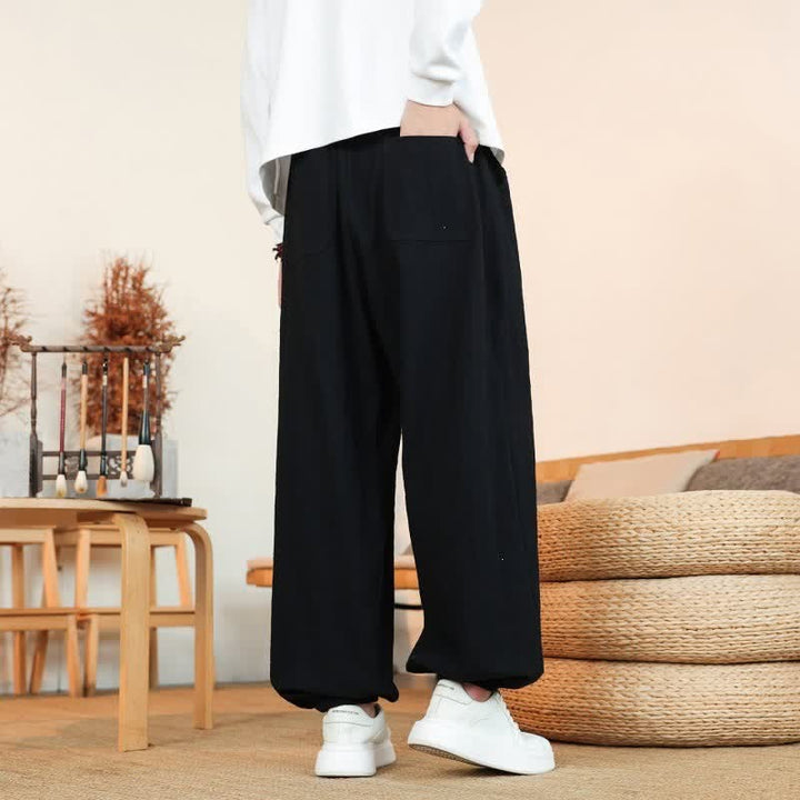 Buddha Stones Fall Casual Minimalist Drawstring Solid Cotton Ankle Pants Men's Straight Leg Pants With Pockets - image 17