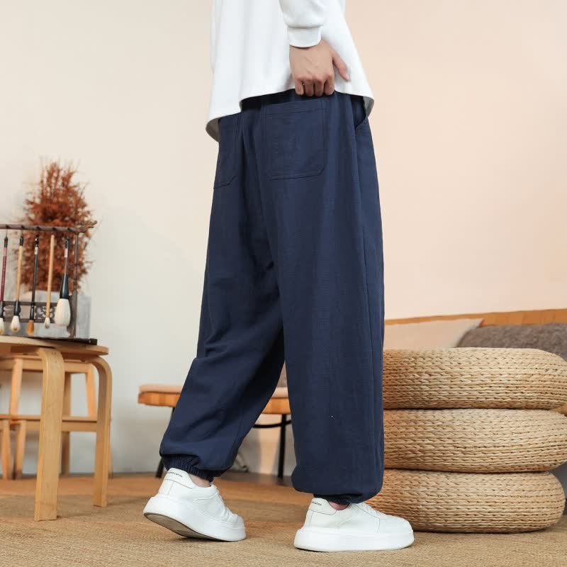 Buddha Stones Fall Casual Minimalist Drawstring Solid Cotton Ankle Pants Men's Straight Leg Pants With Pockets - image 28