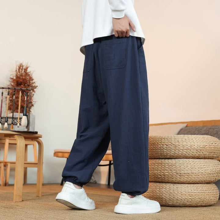 Buddha Stones Fall Casual Minimalist Drawstring Solid Cotton Ankle Pants Men's Straight Leg Pants With Pockets - image 28