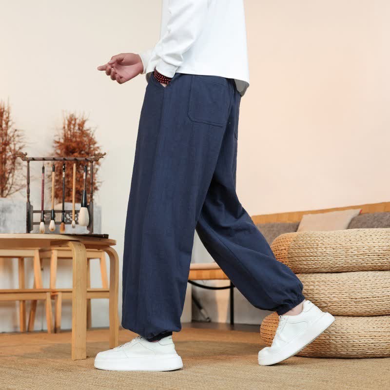 Buddha Stones Fall Casual Minimalist Drawstring Solid Cotton Ankle Pants Men's Straight Leg Pants With Pockets - image 32
