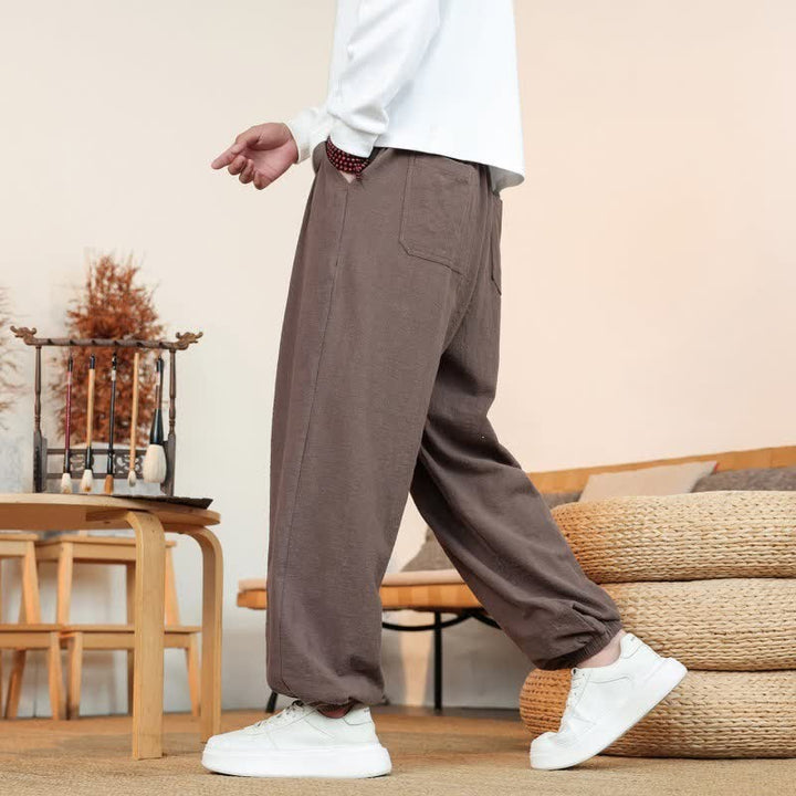 Buddha Stones Fall Casual Minimalist Drawstring Solid Cotton Ankle Pants Men's Straight Leg Pants With Pockets - image 40