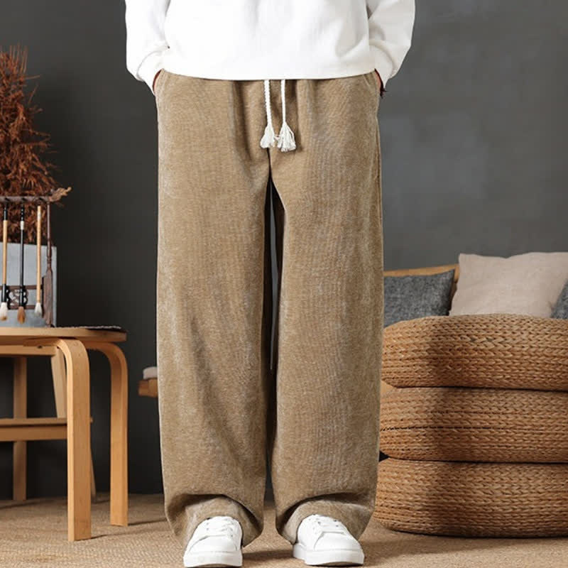 Buddha Stones Fall Winter Casual Drawstring Solid Color Long Pants Men's Straight Leg Pants With Pockets - image 1