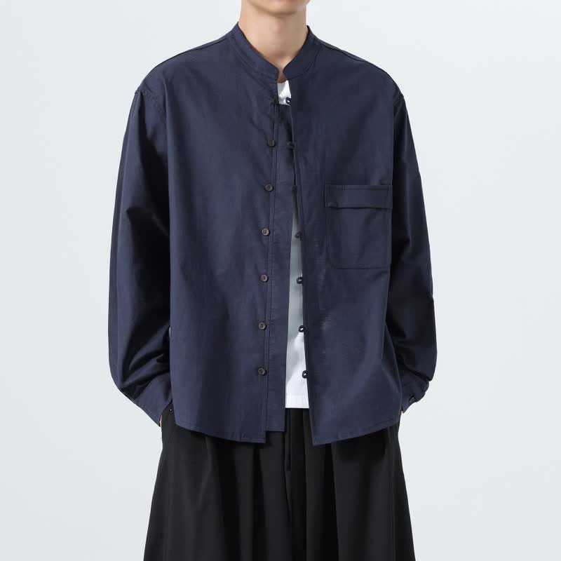 Buddha Stones Fall Casual Tang Style Mandarin Collar Solid Cotton Men's Long Sleeve Shirts - image 7