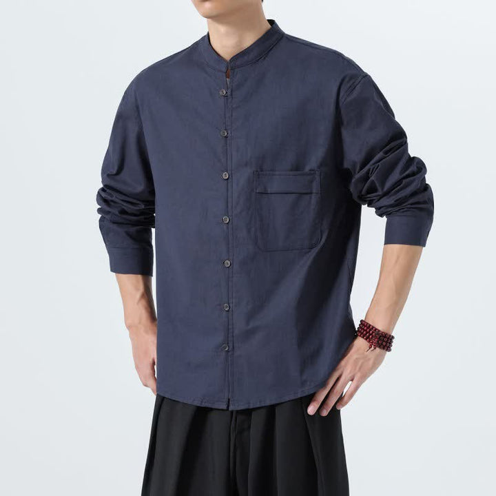 Buddha Stones Fall Casual Tang Style Mandarin Collar Solid Cotton Men's Long Sleeve Shirts - image 3