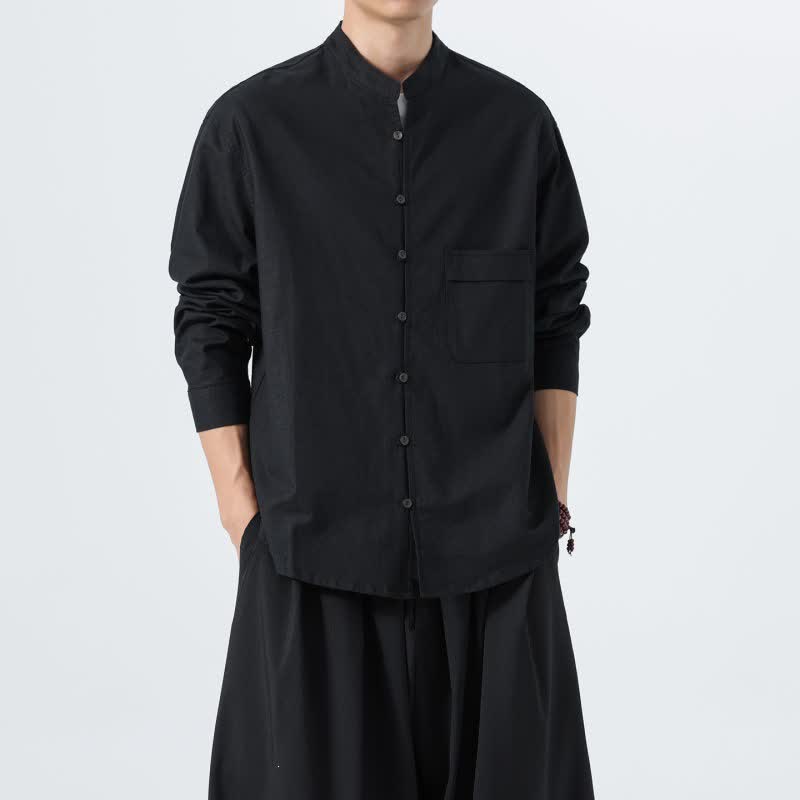 Buddha Stones Fall Casual Tang Style Mandarin Collar Solid Cotton Men's Long Sleeve Shirts - image 17