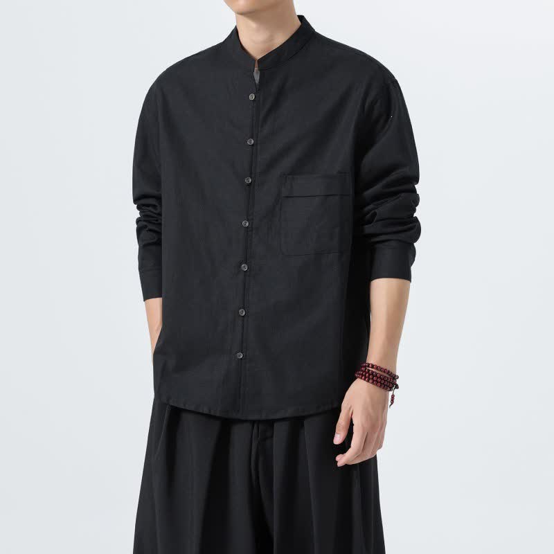 Buddha Stones Fall Casual Tang Style Mandarin Collar Solid Cotton Men's Long Sleeve Shirts - image 18