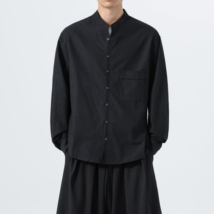 Buddha Stones Fall Casual Tang Style Mandarin Collar Solid Cotton Men's Long Sleeve Shirts - image 12