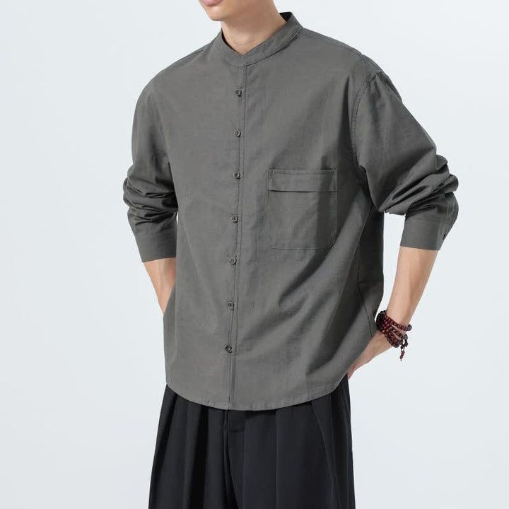 Buddha Stones Fall Casual Tang Style Mandarin Collar Solid Cotton Men's Long Sleeve Shirts - image 21