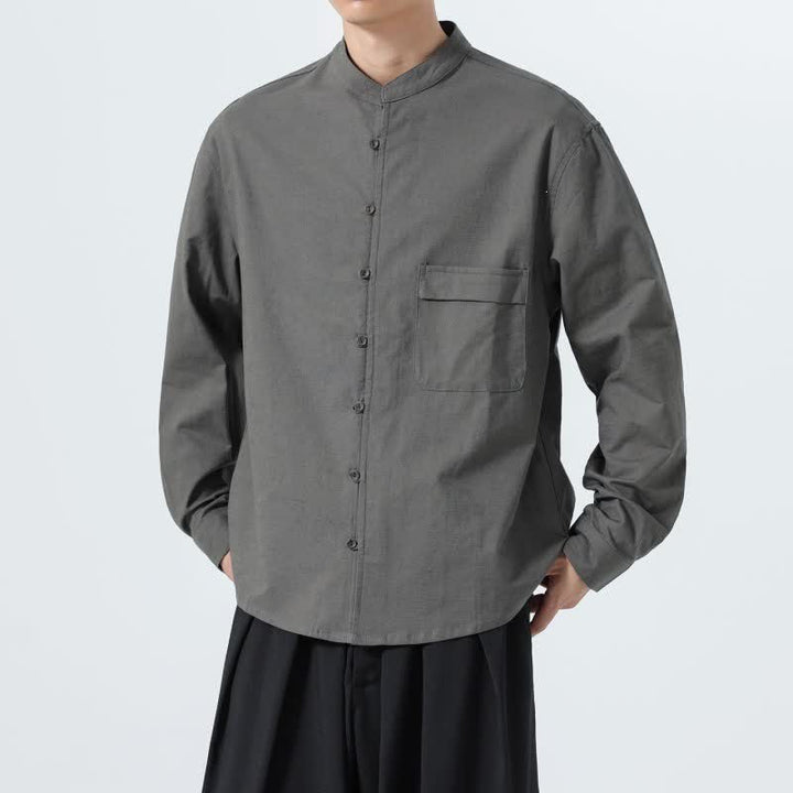 Buddha Stones Fall Casual Tang Style Mandarin Collar Solid Cotton Men's Long Sleeve Shirts - image 27
