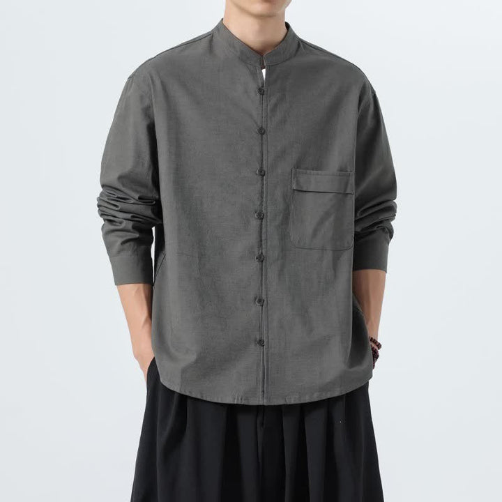 Buddha Stones Fall Casual Tang Style Mandarin Collar Solid Cotton Men's Long Sleeve Shirts - image 20
