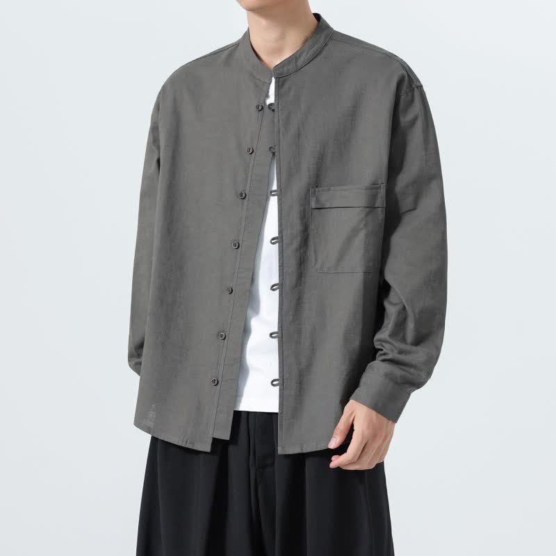 Buddha Stones Fall Casual Tang Style Mandarin Collar Solid Cotton Men's Long Sleeve Shirts - image 24