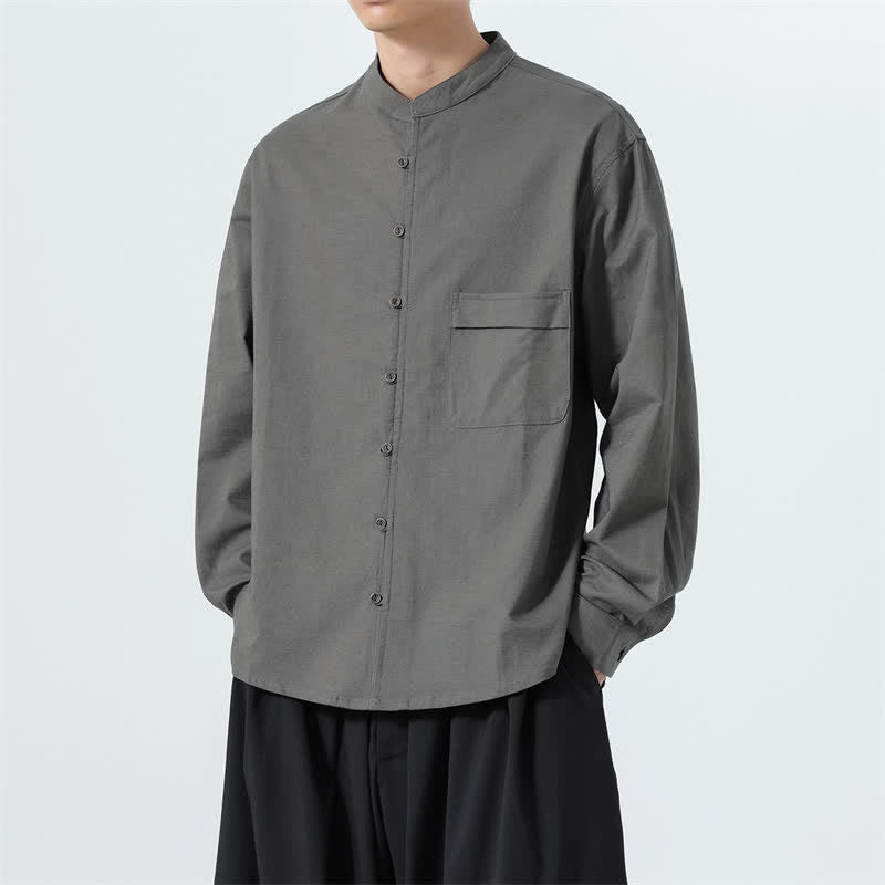 Buddha Stones Fall Casual Tang Style Mandarin Collar Solid Cotton Men's Long Sleeve Shirts - image 28