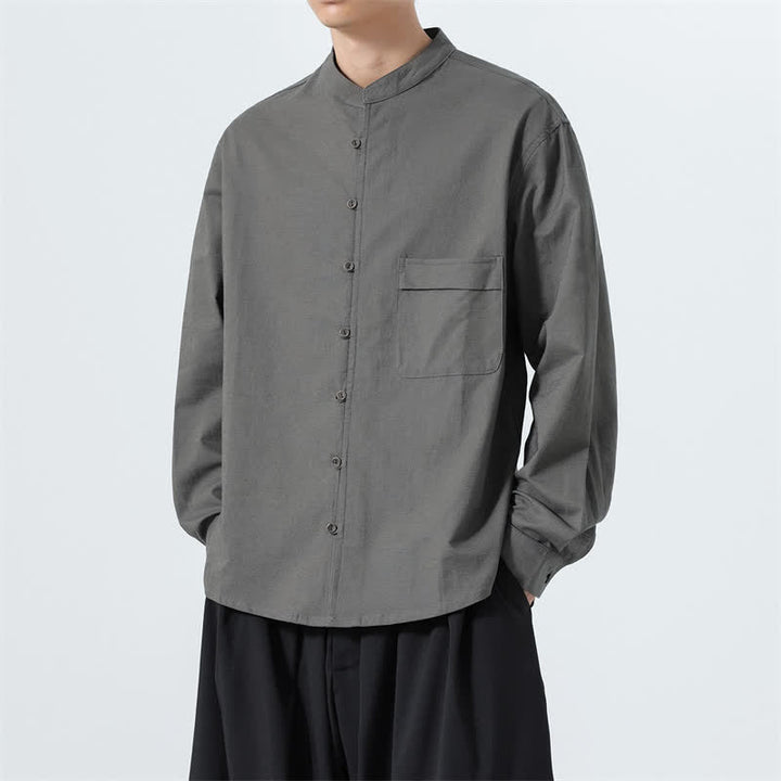 Buddha Stones Fall Casual Tang Style Mandarin Collar Solid Cotton Men's Long Sleeve Shirts - image 28