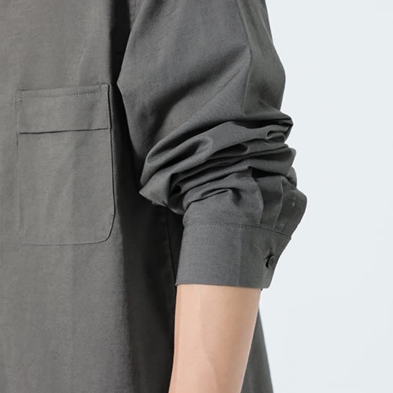 Buddha Stones Fall Casual Tang Style Mandarin Collar Solid Cotton Men's Long Sleeve Shirts - image 32