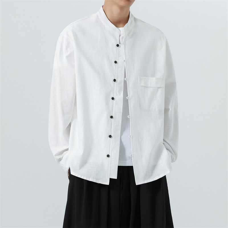 Buddha Stones Fall Casual Tang Style Mandarin Collar Solid Cotton Men's Long Sleeve Shirts - image 34