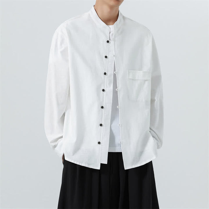 Buddha Stones Fall Casual Tang Style Mandarin Collar Solid Cotton Men's Long Sleeve Shirts - image 34