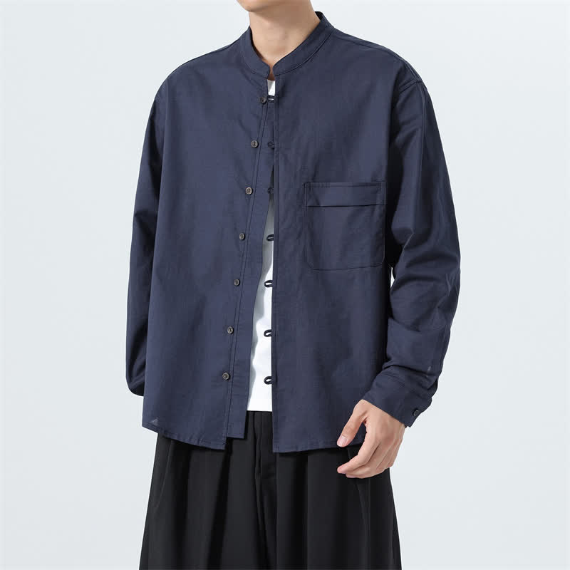 Buddha Stones Fall Casual Tang Style Mandarin Collar Solid Cotton Men's Long Sleeve Shirts - image 2