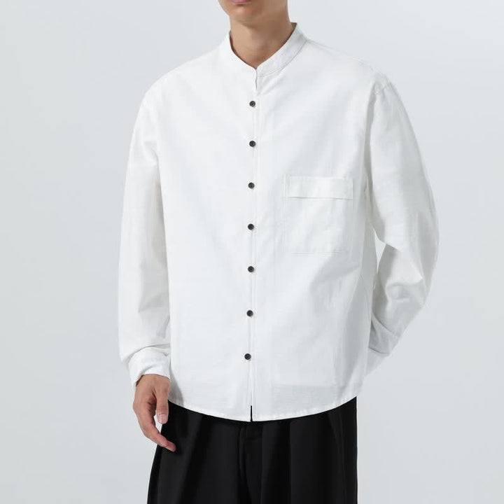 Buddha Stones Fall Casual Tang Style Mandarin Collar Solid Cotton Men's Long Sleeve Shirts - image 39