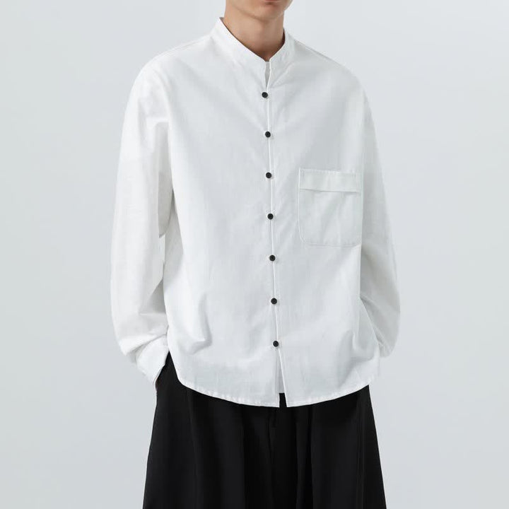 Buddha Stones Fall Casual Tang Style Mandarin Collar Solid Cotton Men's Long Sleeve Shirts - image 42