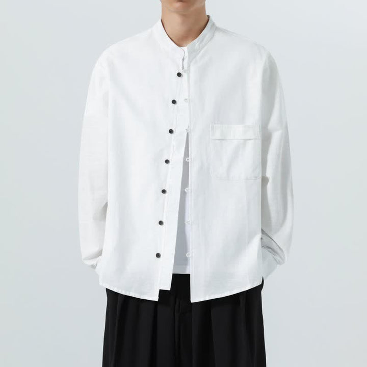 Buddha Stones Fall Casual Tang Style Mandarin Collar Solid Cotton Men's Long Sleeve Shirts - image 35