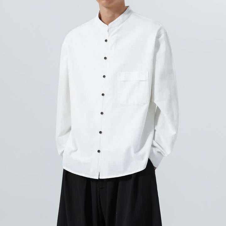 Buddha Stones Fall Casual Tang Style Mandarin Collar Solid Cotton Men's Long Sleeve Shirts - image 36