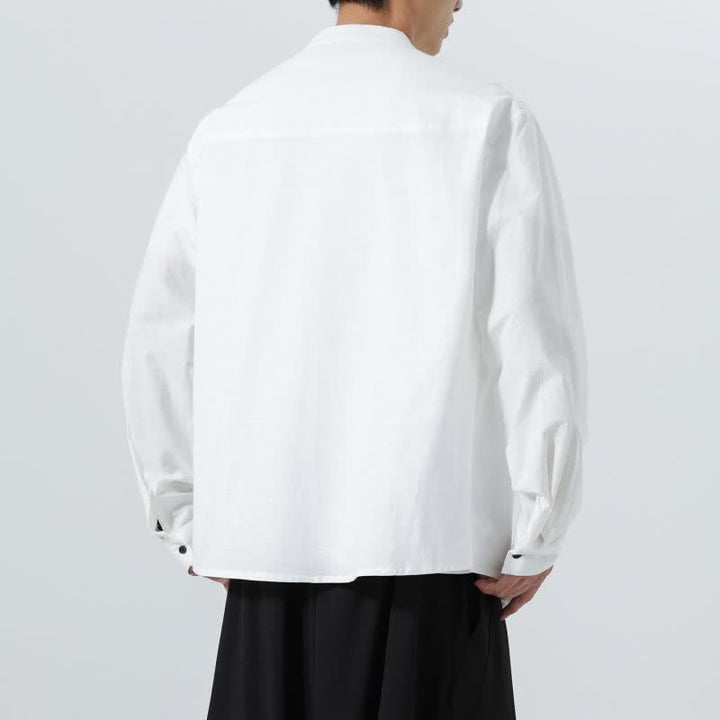 Buddha Stones Fall Casual Tang Style Mandarin Collar Solid Cotton Men's Long Sleeve Shirts - image 37