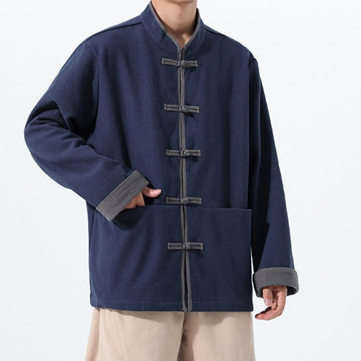 Buddha Stones Fall Winter Tang Style Vintage Frog Button Solid Cotton Men's Jacket With Pockets - image 3