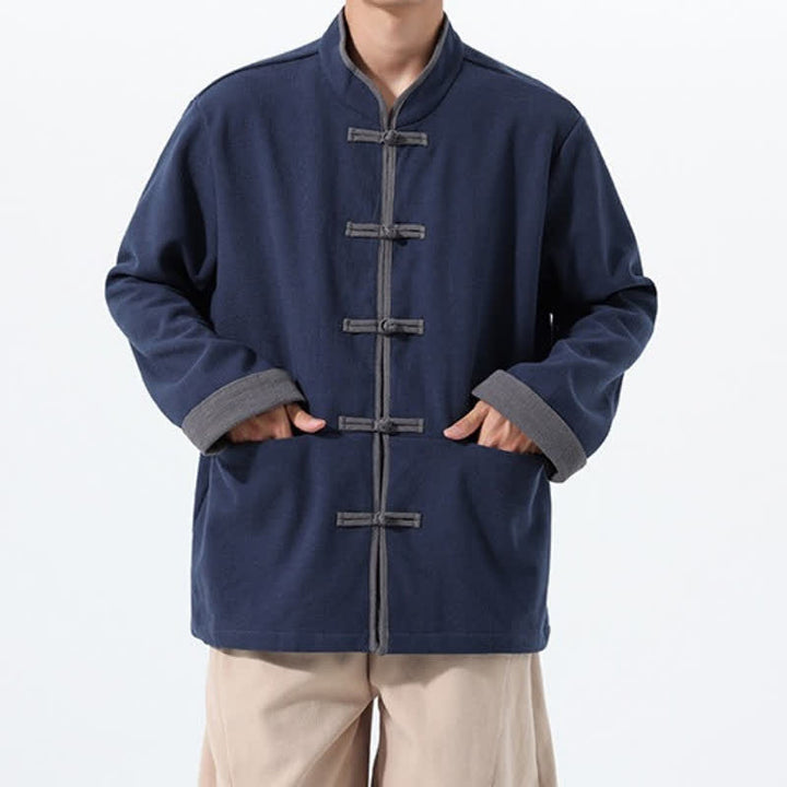 Buddha Stones Fall Winter Tang Style Vintage Frog Button Solid Cotton Men's Jacket With Pockets - image 4