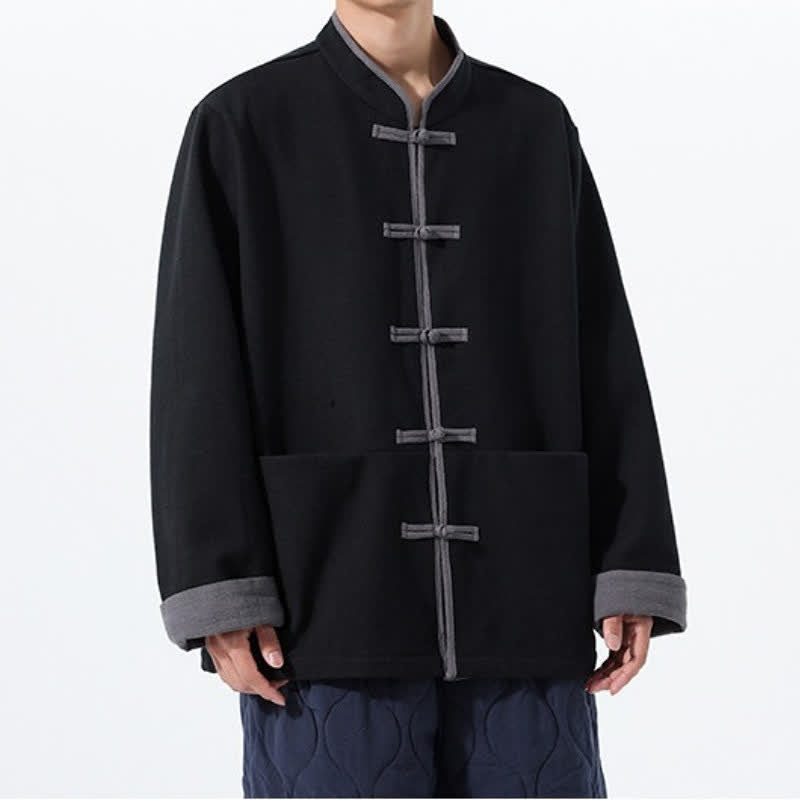 Buddha Stones Fall Winter Tang Style Vintage Frog Button Solid Cotton Men's Jacket With Pockets - image 6