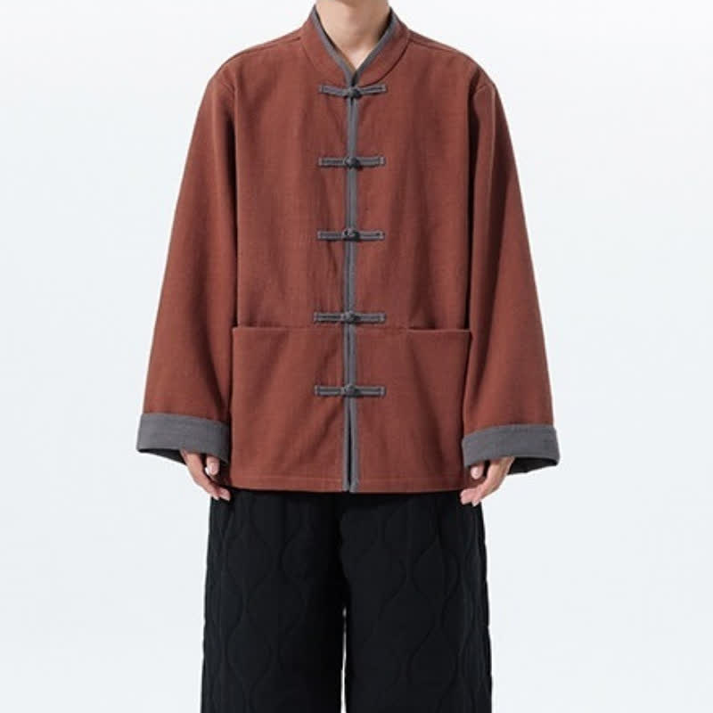 Buddha Stones Fall Winter Tang Style Vintage Frog Button Solid Cotton Men's Jacket With Pockets - image 14