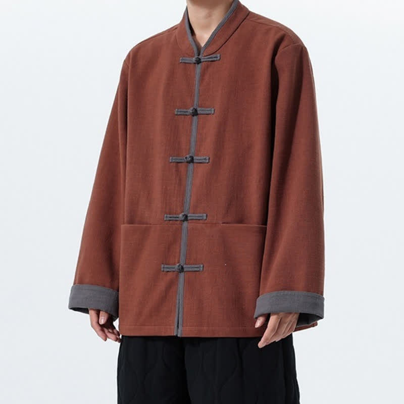 Buddha Stones Fall Winter Tang Style Vintage Frog Button Solid Cotton Men's Jacket With Pockets - image 11