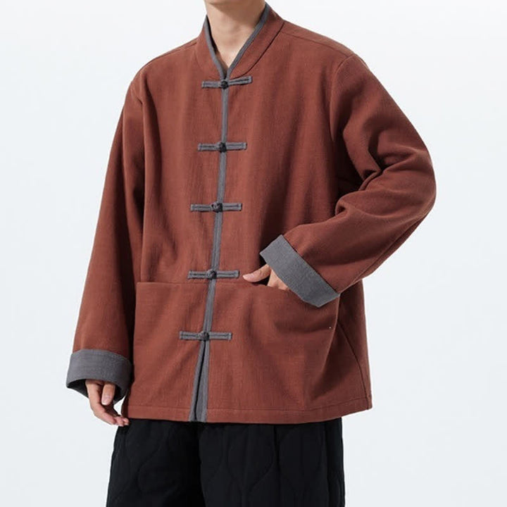Buddha Stones Fall Winter Tang Style Vintage Frog Button Solid Cotton Men's Jacket With Pockets - image 13