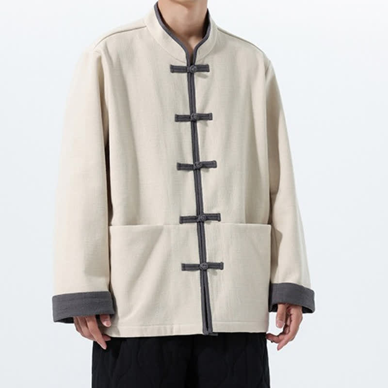 Buddha Stones Fall Winter Tang Style Vintage Frog Button Solid Cotton Men's Jacket With Pockets - image 20