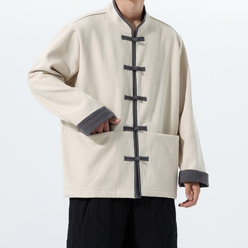 Buddha Stones Fall Winter Tang Style Vintage Frog Button Solid Cotton Men's Jacket With Pockets - image 19