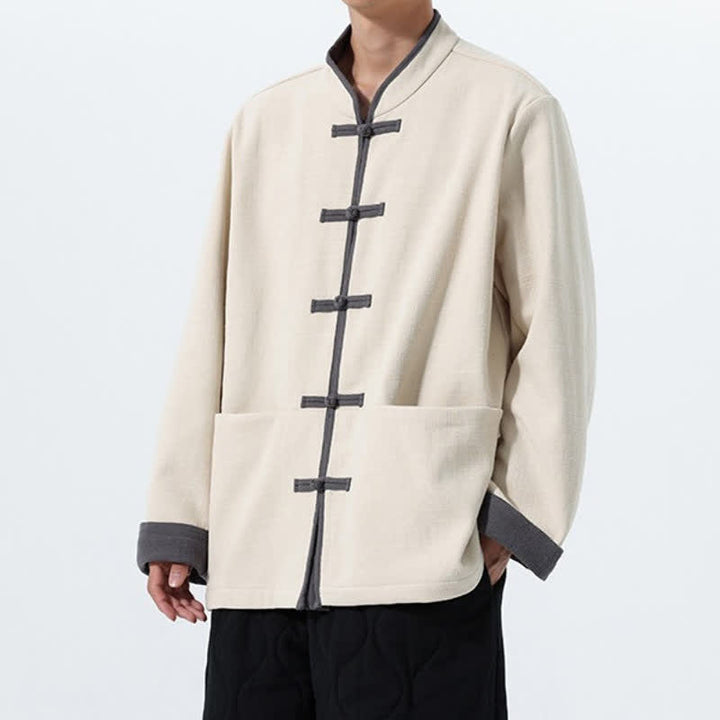 Buddha Stones Fall Winter Tang Style Vintage Frog Button Solid Cotton Men's Jacket With Pockets - image 21