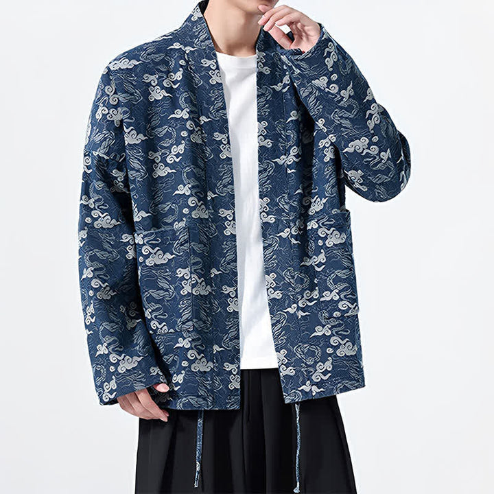 Buddha Stones Spring Fall Casual Drawstring Abstract Clouds Cotton Men's Kimono - image 1