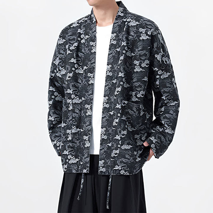 Buddha Stones Spring Fall Casual Drawstring Abstract Clouds Cotton Men's Kimono - image 11