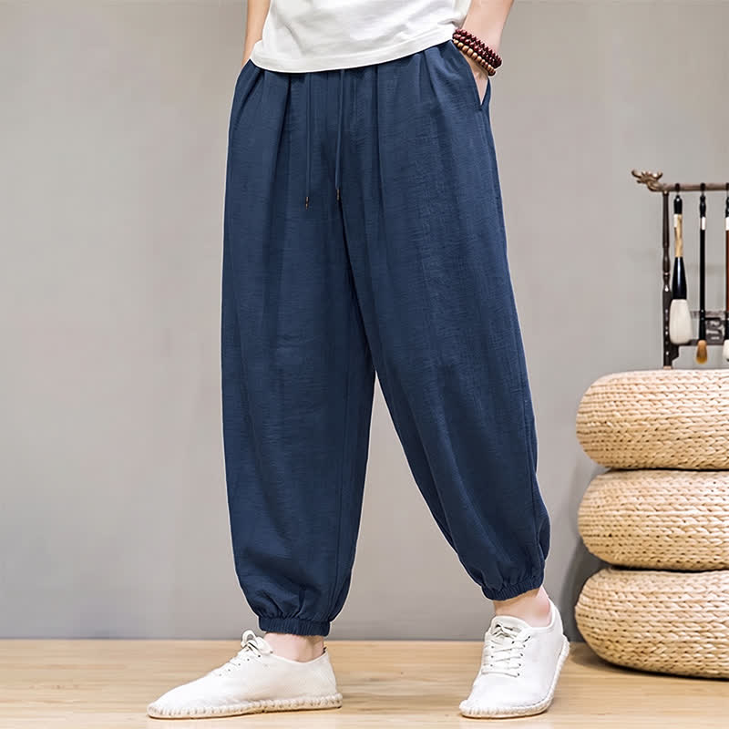 Buddha Stones Spring Basic Retro Drawstring Solid Long Pants Men's Harem Pants With Pockets - image 1