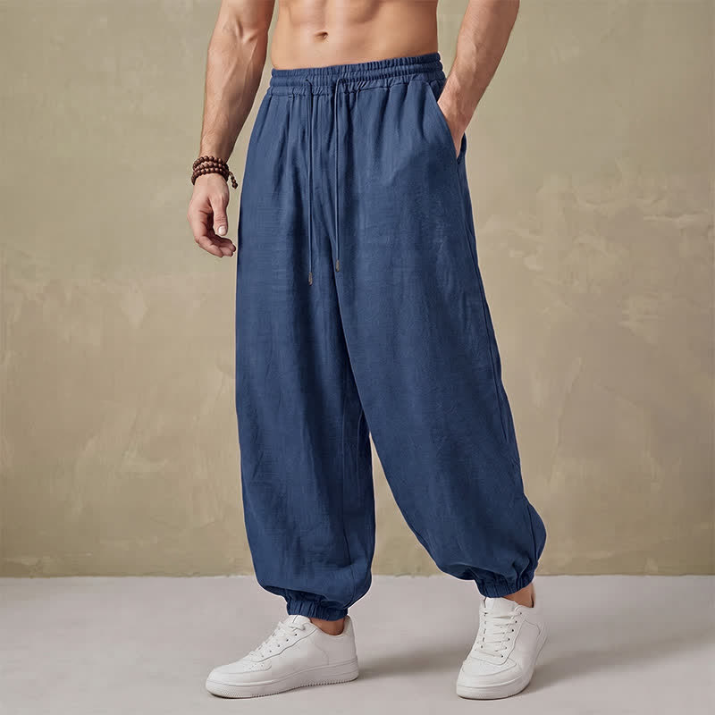 Buddha Stones Spring Basic Retro Drawstring Solid Long Pants Men's Harem Pants With Pockets - SteelBlue - US/UK/AU42, EU52 (3XL) - image 0
