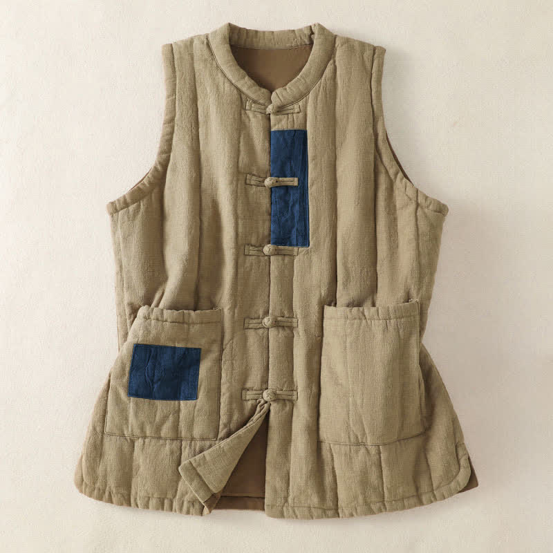 Buddha Stones Winter Vintage Tang Style Frog Button Solid Tank Top Women's Vest With Pockets - BurlyWood - US8-10，UK/AU12-14，EU40-42 (2XL) - image 2