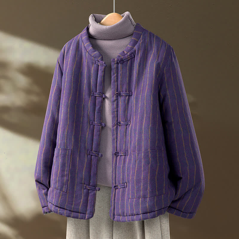 Buddha Stones Winter Casual Tang Style Frog Button Purple Striped Women's Jacket With Pockets - RebeccaPurple - US8-10, UK/AU12-14, EU40-42 (2XL) - image 0