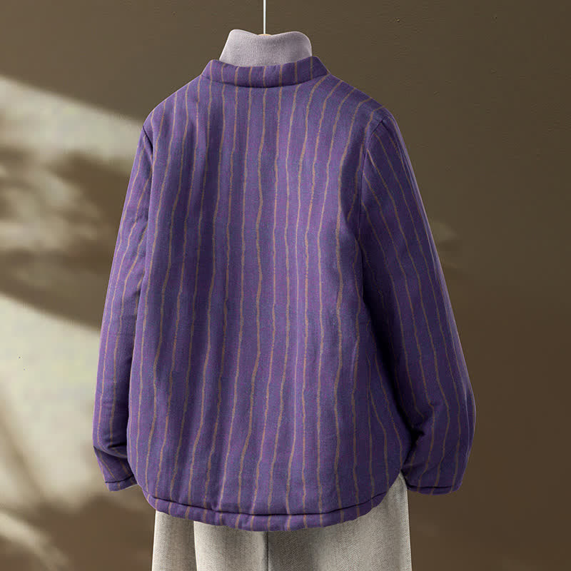 Buddha Stones Winter Casual Tang Style Frog Button Purple Striped Women's Jacket With Pockets - image 1