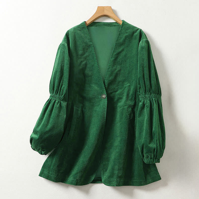 Buddha Stones Fall Winter Casual Vintage Drawstring Solid Green Corduroy V-Neck Women's Jacket With Pockets - ForestGreen - US8-10, UK/AU12-14, EU40-42 (2XL) - image 0