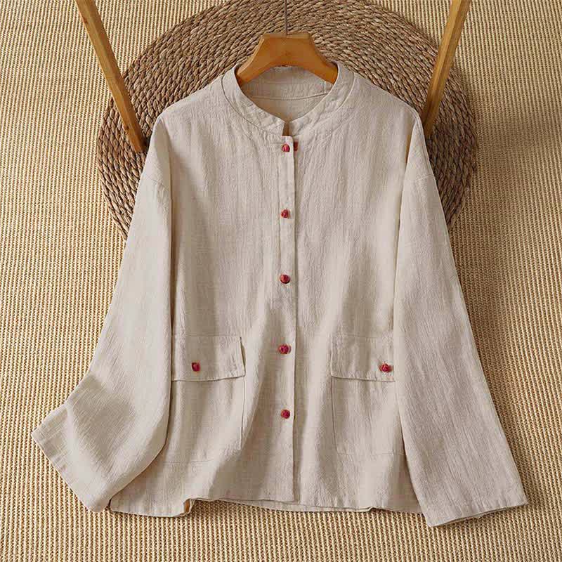 Buddha Stones Fall Casual Vintage Tang Style Button-Up Solid Women's Long Sleeve Shirts With Pockets - Beige - US8-10, UK/AU12-14, EU40-42 (2XL) - image 0