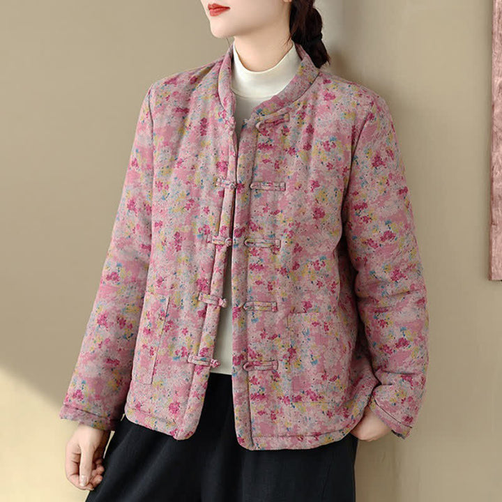 Buddha Stones Winter Vintage Tang Style Frog Button Pink Floral Women's Jacket With Pockets - PaleVioletRed - US8-10, UK/AU12-14, EU40-42 (2XL) - image 0