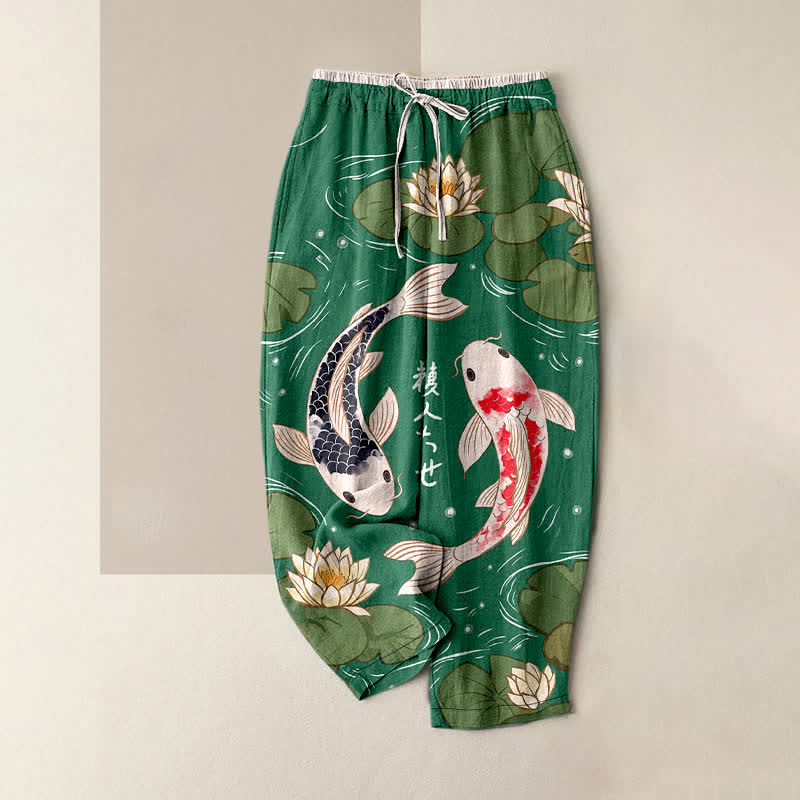 Buddha Stones Pure Cotton Japanese Koi Lotus Pattern Women's Elastic Waist Pants With Pockets - MediumSeaGreen - US16，UK/AU20，EU48 (3XL) - image 4