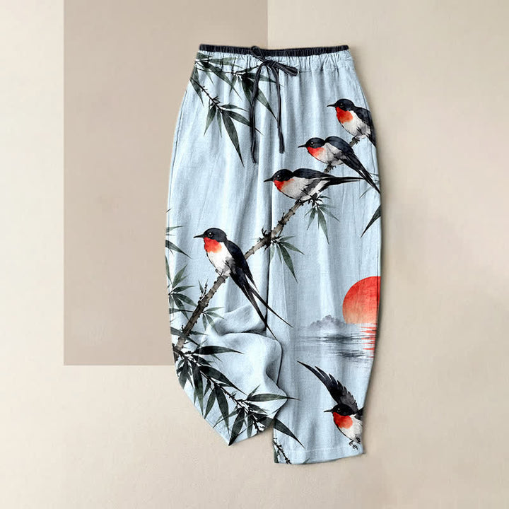 Buddha Stones Pure Cotton Oriental Bird Bamboo Pattern Women's Elastic Waist Pants With Pockets - LightCyan - US16，UK/AU20，EU48 (3XL) - image 4