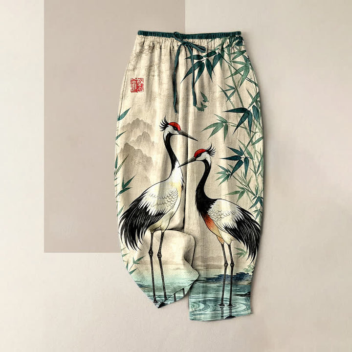 Buddha Stones Pure Cotton Oriental Crane and Bamboo Pattern Women's Elastic Waist Pants With Pockets - Beige - US16，UK/AU20，EU48 (3XL) - image 0