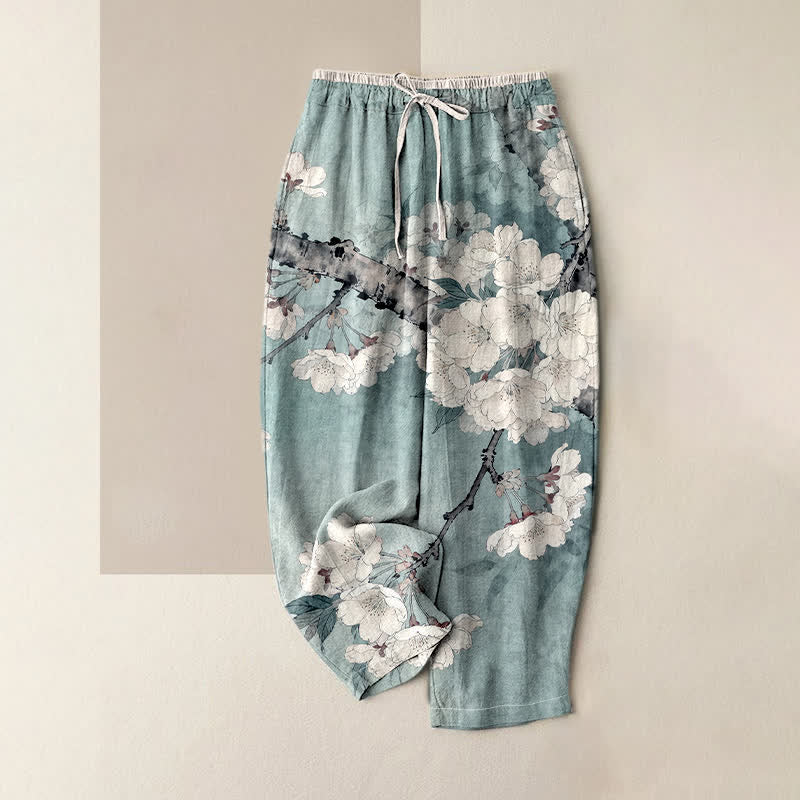 Buddha Stones Pure Cotton Elegant Floral Branch Pattern Women's Elastic Waist Pants With Pockets - PowderBlue - US16，UK/AU20，EU48 (3XL) - image 0