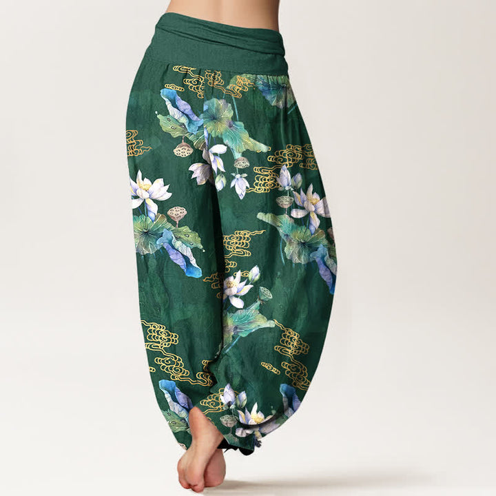 Buddha Stones Cotton White Lotus Leaf Pattern Women's Elastic Waist Harem Pants - image 2